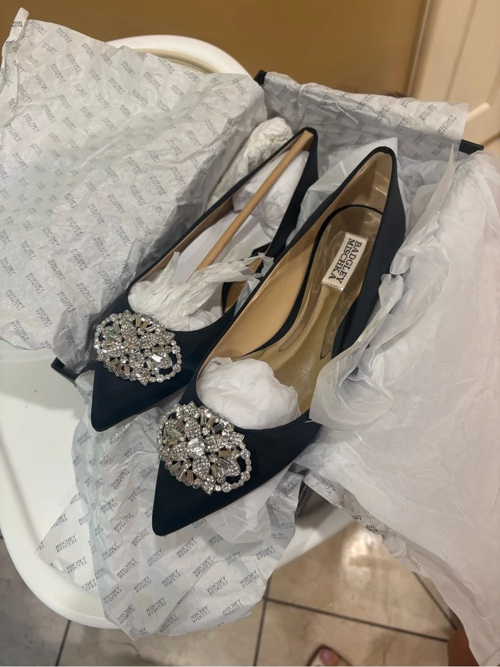 Badgley Mischka Black Satin Pointed-Toe Heels with Crystal Brooch
